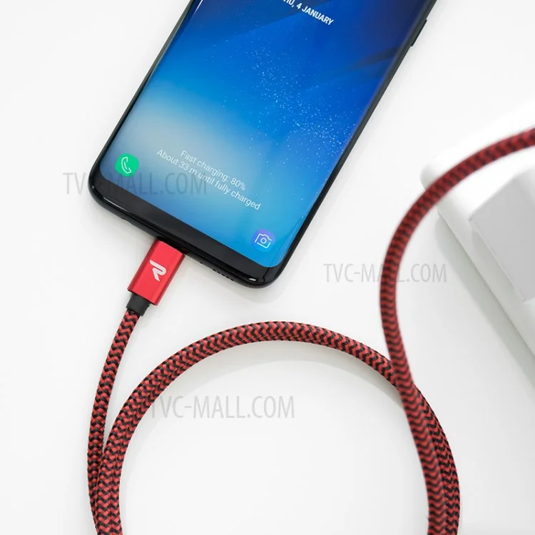 RAMPOW T01 Type-C to USB 3.0 Nylon Braided Data Sync Charging Cable, 1M - Red