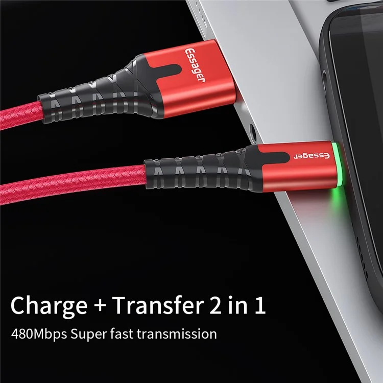 Câble de données et de charge tressé en nylon ESSAGER Micro USB vers USB avec indicateur LED 1m - Rouge