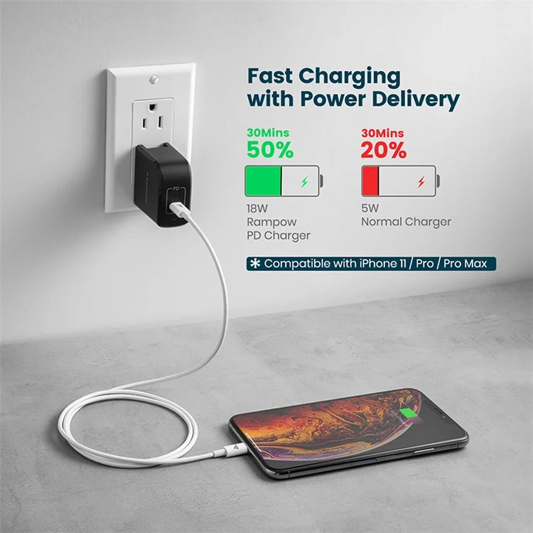 RAMPOW 1M USB-C a Lightning 8Pin Cabo de Carregamento Rápido Certificado MFi Suporta Power Delivery