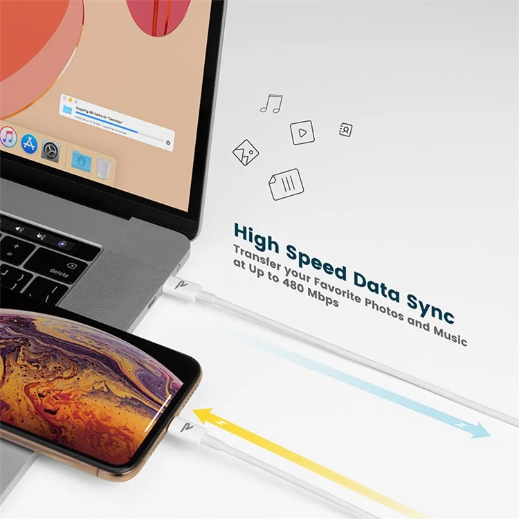 RAMPOW 1M USB-C a Lightning 8Pin Cabo de Carregamento Rápido Certificado MFi Suporta Power Delivery