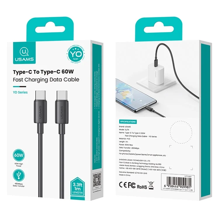 USAMS SJ711 YD Series Cavo di ricarica dati Type-C a Tуpe-C 60W Fast Charging - Nero