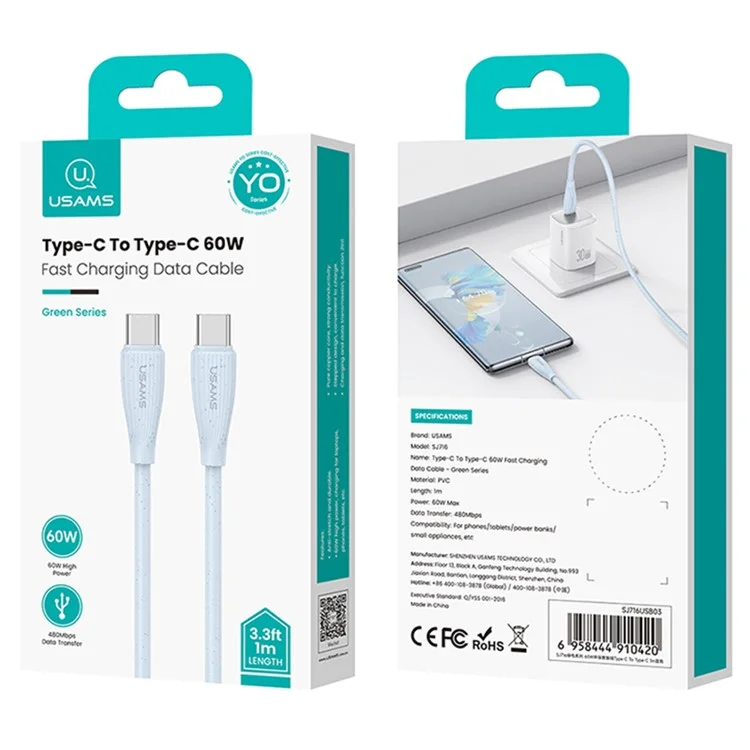 USAMS SJ716 Green Series 1m Type-C para Type-C Cabo de Carregamento 60W Fast Charging Data Cord - Blue