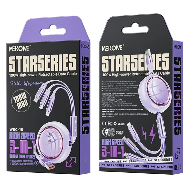 WEKOME WDC-18 Star Series 1.2m 3-in-1 Retractable 100W Fast Charging Cable Date Cord - Purple