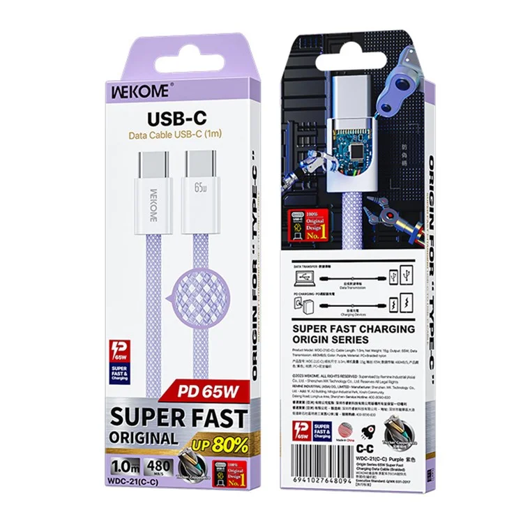 WEKOME WDC-21 1m Cabo de Carregador USB-C para USB-C Trançado em Nylon 65W Carregamento Rápido - Roxo
