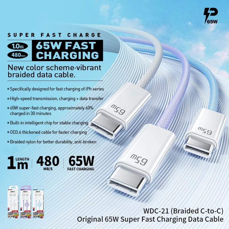 WEKOME WDC-21 1m Cabo de Carregador USB-C para USB-C Trançado em Nylon 65W Carregamento Rápido - Roxo