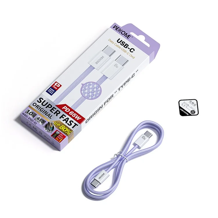 WEKOME WDC-21 1m Cabo de Carregador USB-C para USB-C Trançado em Nylon 65W Carregamento Rápido - Roxo