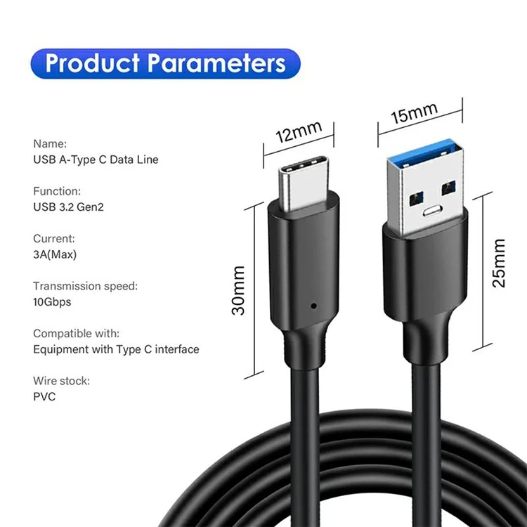 Câble de données USB 3.2 vers Type-C de 5m 60W 3A pour téléphone, tablette et ordinateur portable, chargement rapide