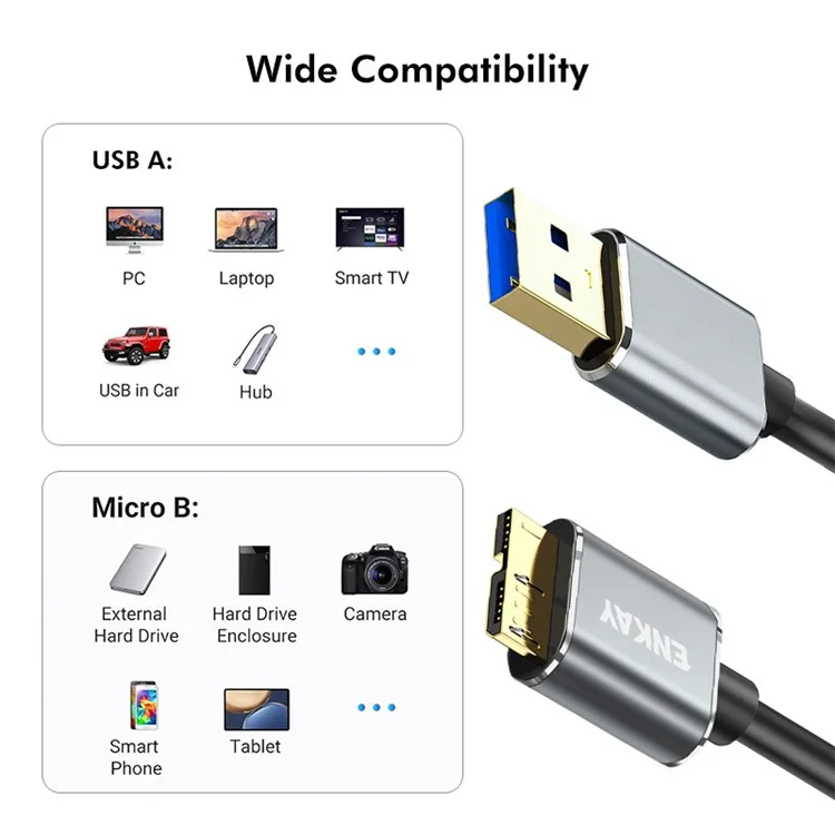 ENKAY HAT PRINCE Cable USB 3.0 A a USB 3.0 Micro B de 1,5 m Cable de carga y datos para cámara y unidad de disco duro