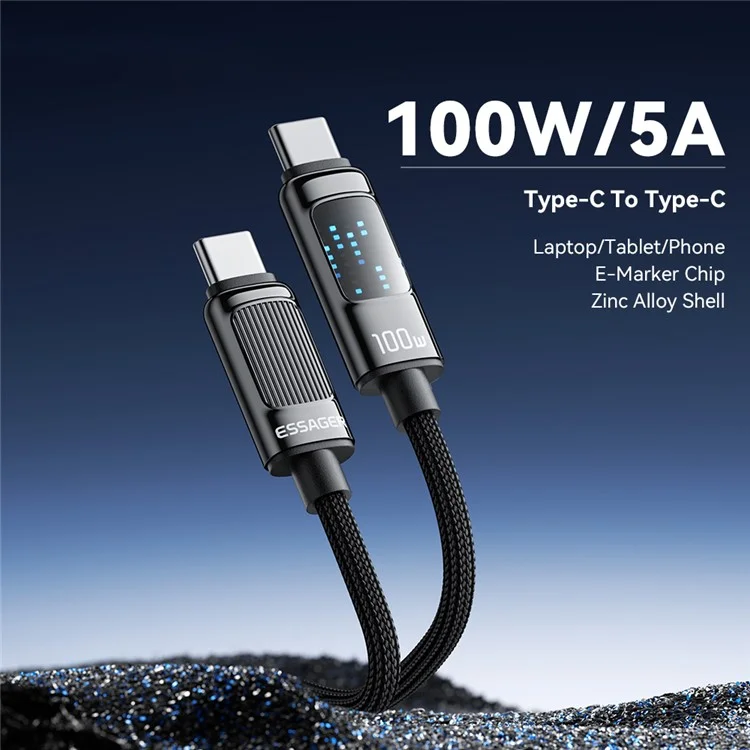 Câble de données ESSAGER Dazzling Light Effect 2m Type-C vers Type-C 100W tressé pour charge rapide