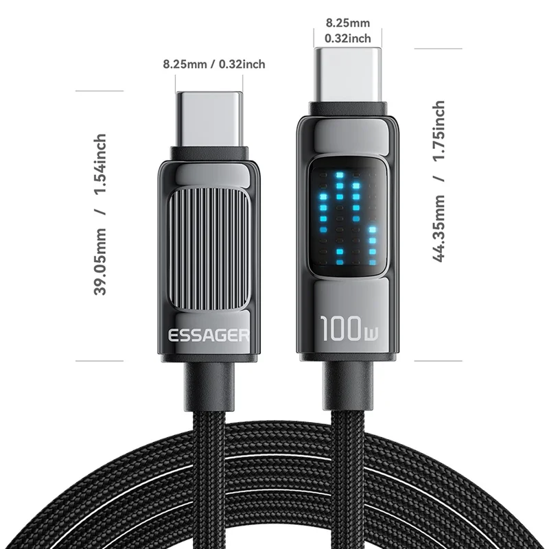 ESSAGER Dazzling Light Effect 1m Type-C a Type-C 100W Cable de Datos Trenzado Carga Rápida