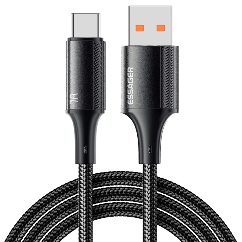 ESSAGER 2m USB-A to Type-C 100W 7A Braided Data Cable Phone Fast Charging Cord - Black