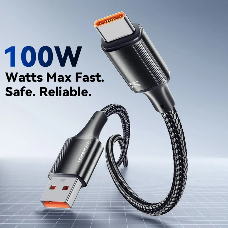 ESSAGER 2m USB-A to Type-C 100W 7A Braided Data Cable Phone Fast Charging Cord - Black