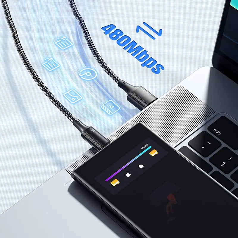 ESSAGER 2m USB-A to Type-C 100W 7A Braided Data Cable Phone Fast Charging Cord - Black