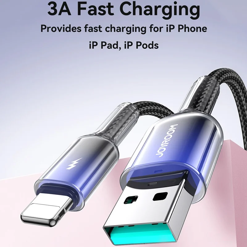 JOYROOM S-A42 1.2 متر 3 أمبير USB-A إلى كابل شحن سريع بيانات Lightning مجدول من النايلون - أبيض