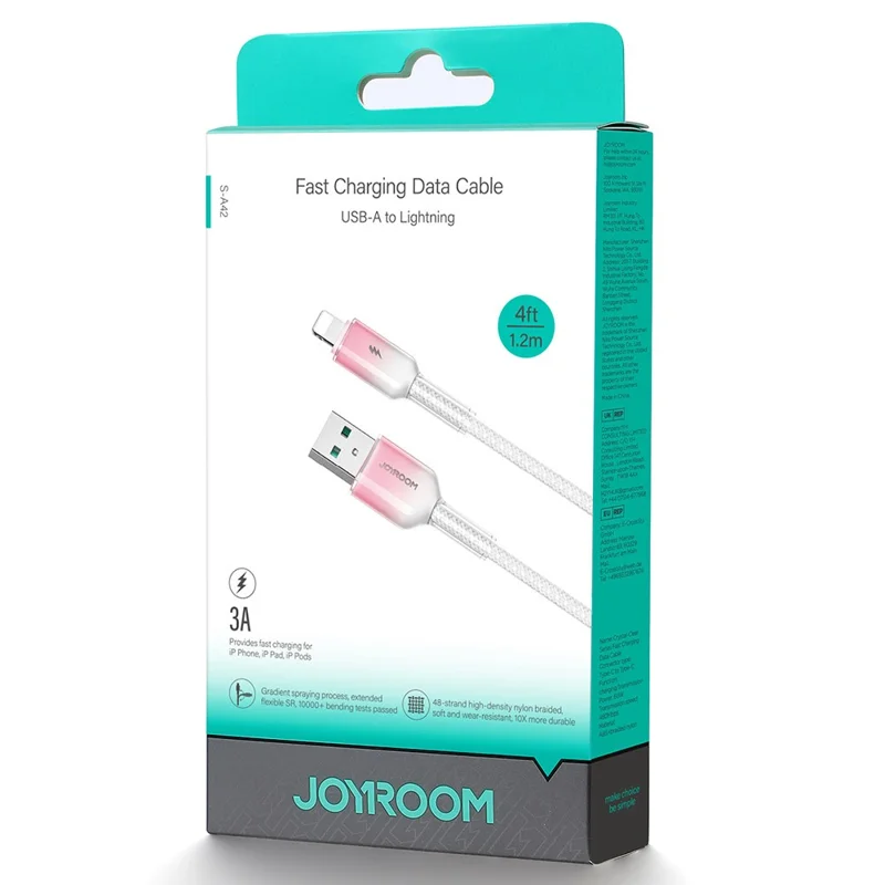 JOYROOM S-A42 1.2 متر 3 أمبير USB-A إلى كابل شحن سريع بيانات Lightning مجدول من النايلون - أبيض