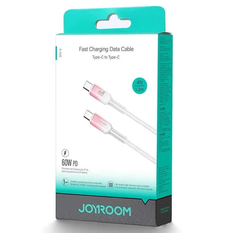 JOYROOM S-A42 1.2m Type-C to Type-C PD 60W Fast Charging Cable Data Transmission Cord for iPhone 16-15 Series - White
