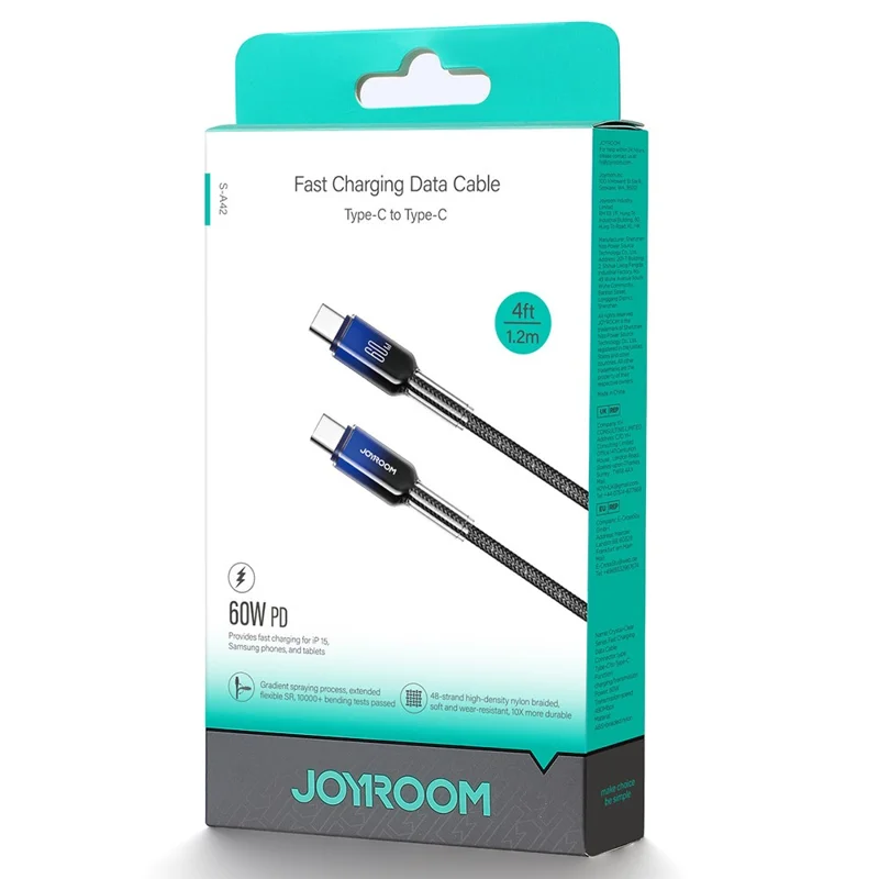 JOYROOM S-A42 1.2 متر من نوع Type-C إلى Type-C بقدرة 60 واط كابل شحن سريع ونقل بيانات للآيفون 16-15 سلسلة - أسود