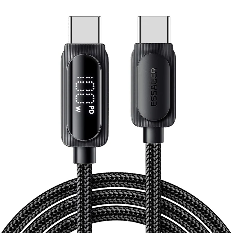 ESSAGER Câble de données Type-C vers Type-C PD 100W avec affichage numérique, tressé, charge rapide