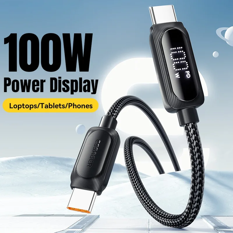 ESSAGER 3m Type-C to Type-C PD 100W Digital Display Data Cable Braided Fast Charging Cord
