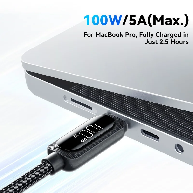ESSAGER 3m Type-C to Type-C PD 100W Digital Display Data Cable Braided Fast Charging Cord
