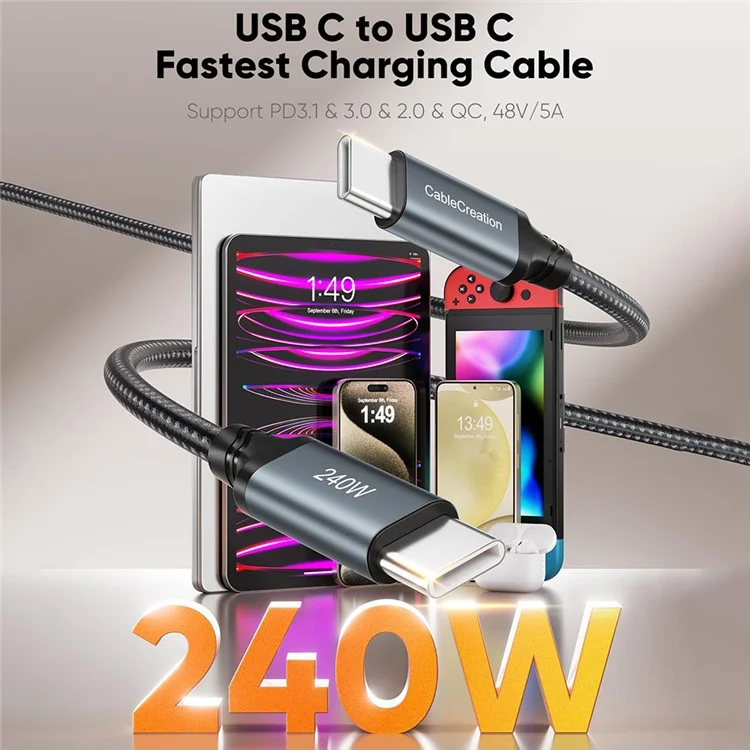 CABLECREATION CC1303 0.3m Type-C to Type-C 240W Data Cable Nylon Braided Fast Charging Cord