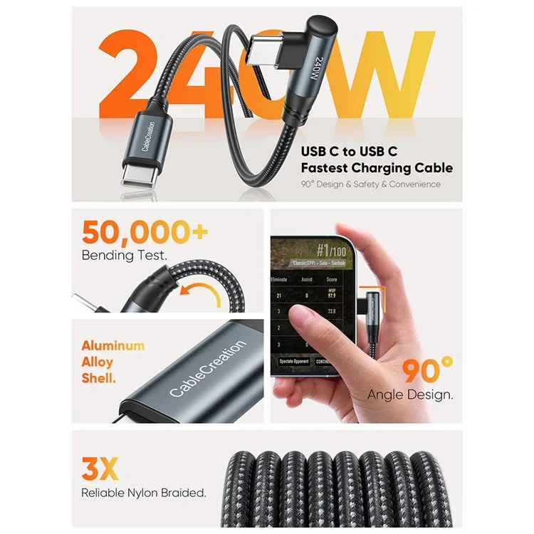 CABLECREATION CC1307 1,83 м Тип-C к Тип-C под углом 240 Вт Быстрая зарядка Шнур Телефон Ноутбук Кабель для передачи данных