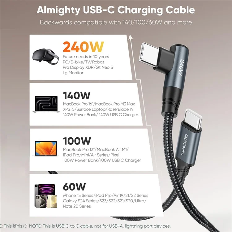 CABLECREATION CC1307 1,83 м Тип-C к Тип-C под углом 240 Вт Быстрая зарядка Шнур Телефон Ноутбук Кабель для передачи данных