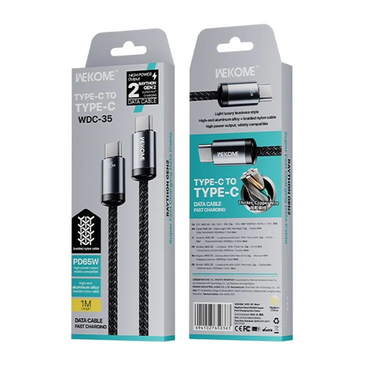 WEKOME WDC-35 Type-C to Type-C Кабель PD 65W Fast Charging Line 480Mbps Data Transfer Cord