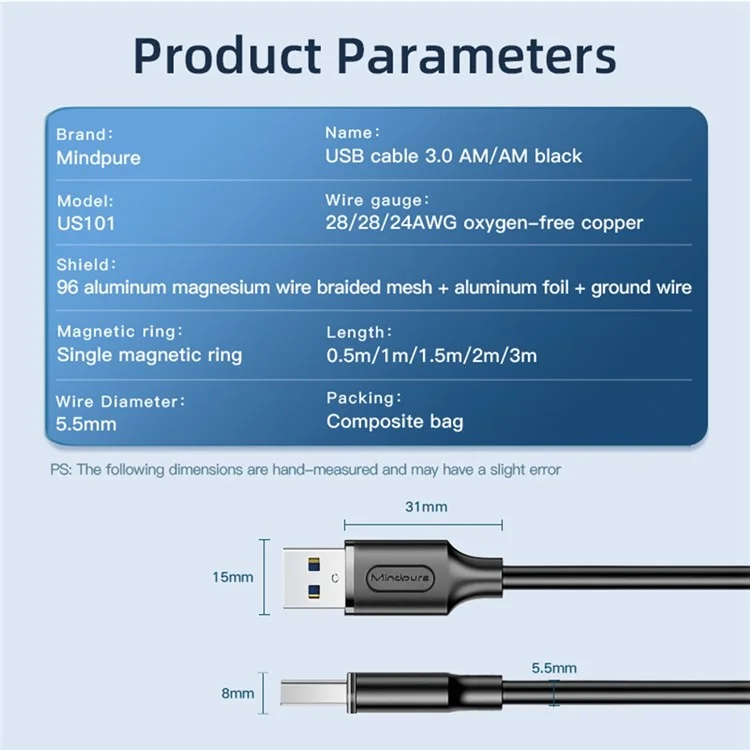 Mindpure US101 3m de Données Bidirectionnelles à Haute Vitesse Transfert de Données USB 3.0 Male Vers un Câble D'extension Masculine