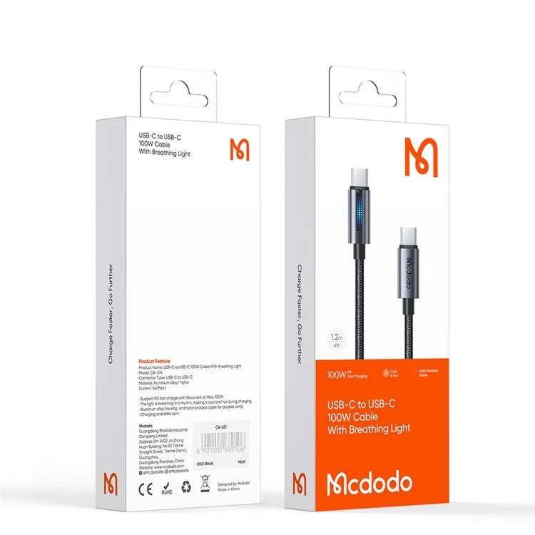MCDODO CA-5740 1.2m Tipo-c a Tipo-c 100W Cable de Datos de Carga Con Luz de Respiración