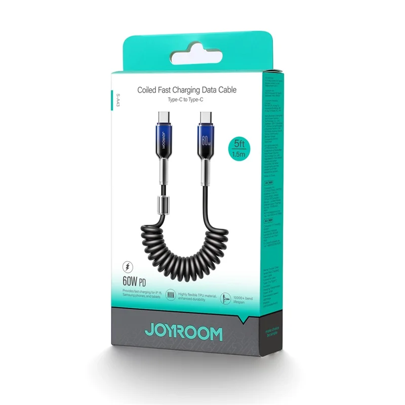 JOYROOM S-A43 1.5m Coiled Cable Type-C to Type-C 60W Fast Charging Spring Data Cord for iPhone 16-15 Series - Black