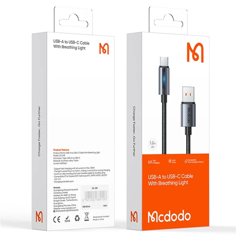 MCDODO CA-5180 1.2m USB-A to Type-C 6A 100W Charging Data Cable with Breathing Light - Black