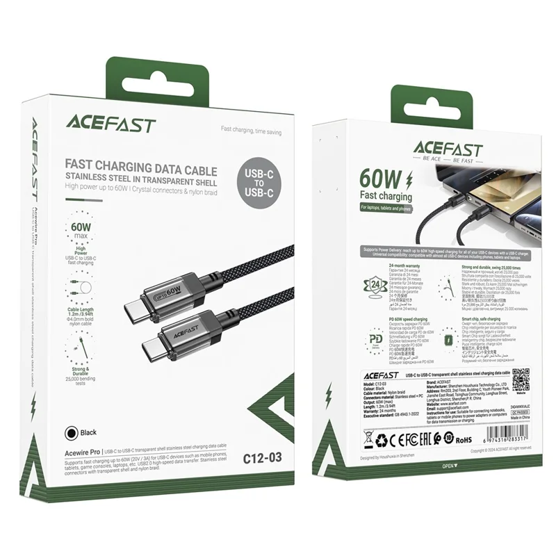 ACEFAST C12-03 1.2m USB-C to USB-C 60W Fast Charging Cable Clear Connector Braided Data Cable