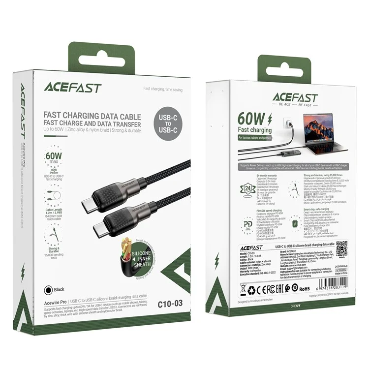 ACEFAST C10-03 1.2m USB-C to USB-C 60W Fast Charging Cable Silicone Braided Data Cord