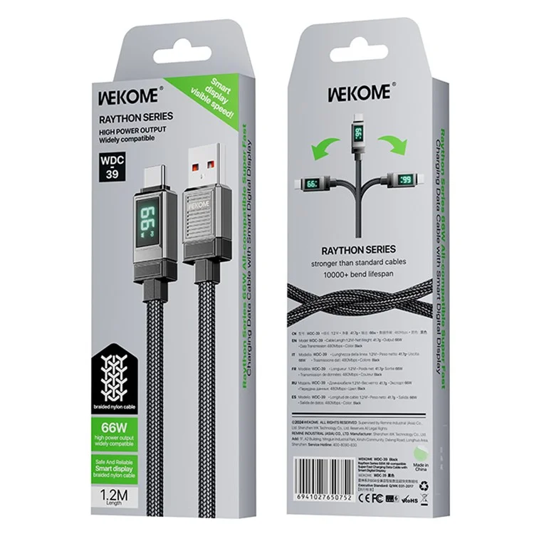 WEKOME WDC-39 Raython Series Usb-type-c 66W Super Fast Fast Charging Data Cable с Smart Digital Display