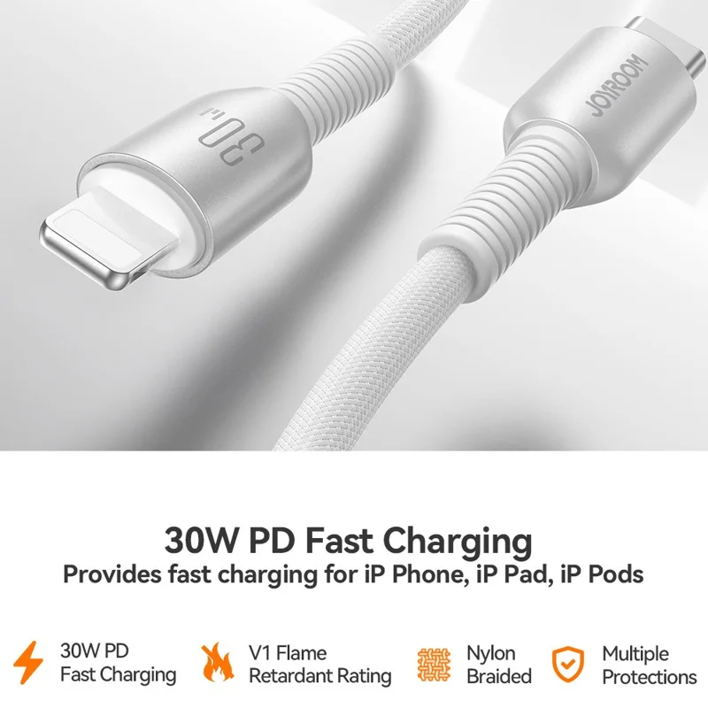 JOYROOM S-A51 1,2 m Type-C til Lightning 30 W hurtigladekabel med tekstilsløjfe Datakabel - Lysegrå