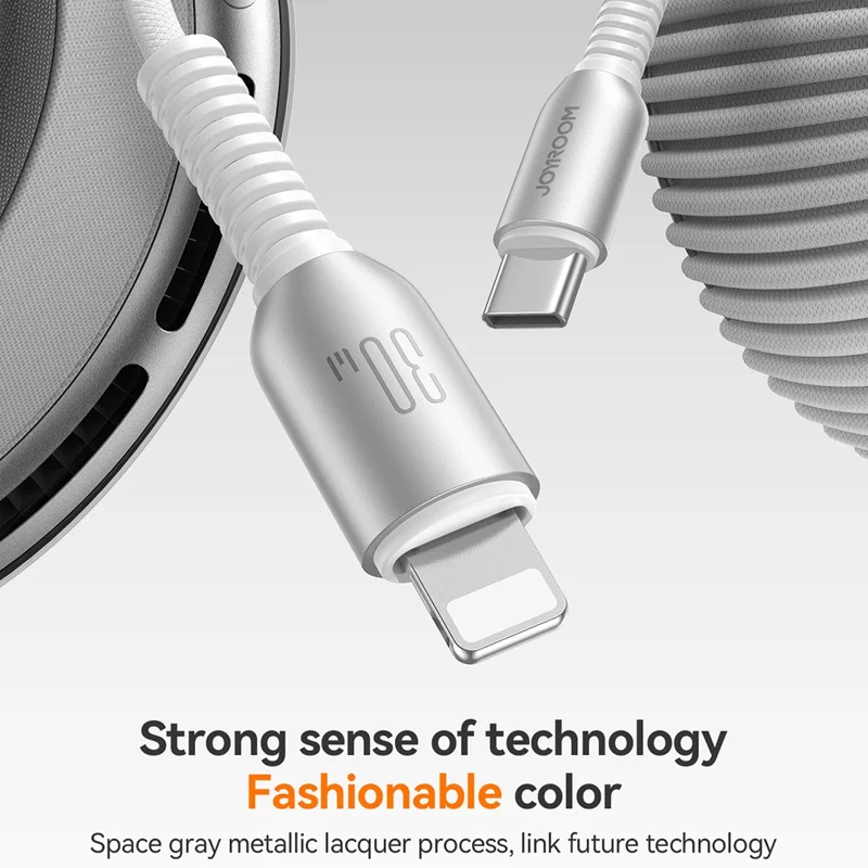 JOYROOM S-A51 1,2 m Type-C til Lightning 30 W hurtigladekabel med tekstilsløjfe Datakabel - Lysegrå