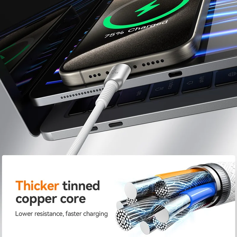 JOYROOM S-A51 1,2 m Type-C til Lightning 30 W hurtigladekabel med tekstilsløjfe Datakabel - Lysegrå