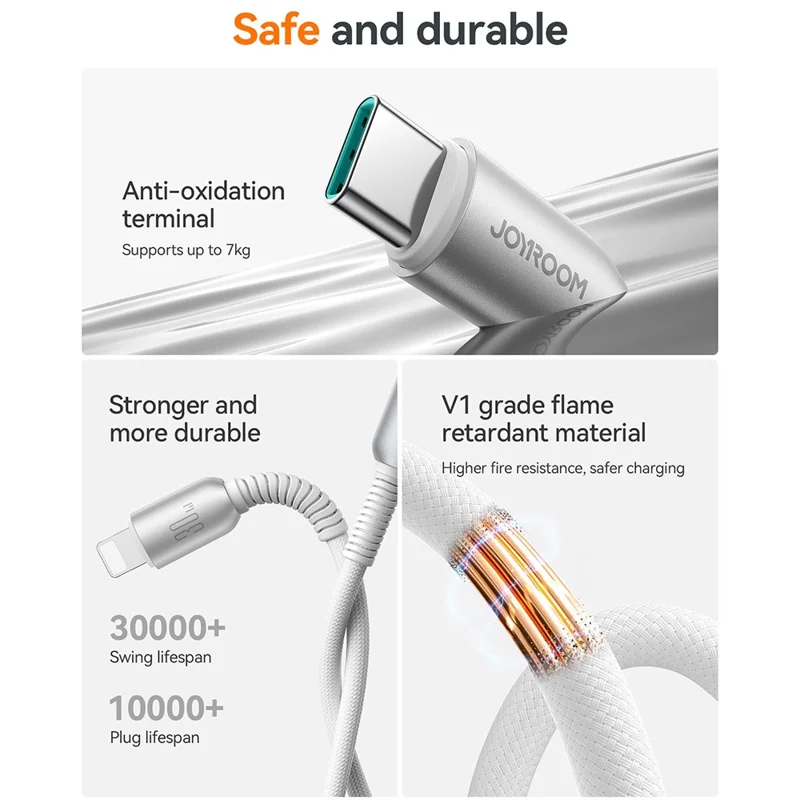 JOYROOM S-A51 1,2 m Type-C til Lightning 30 W hurtigladekabel med tekstilsløjfe Datakabel - Lysegrå
