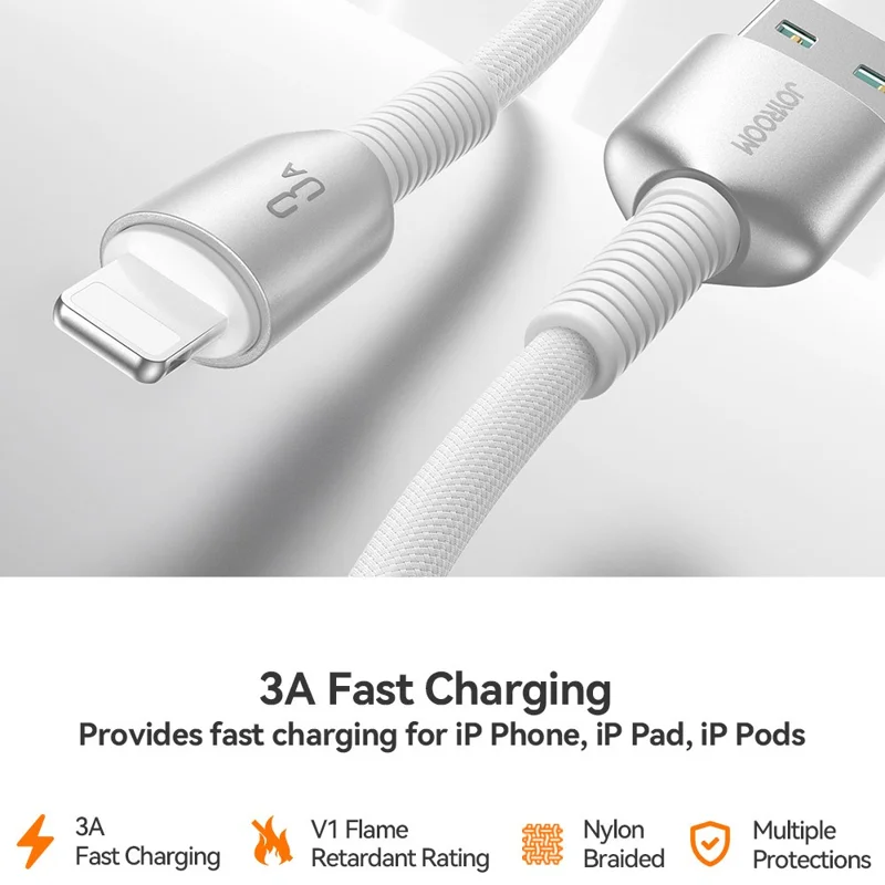 JOYROOM S-A51 1.2m USB-A to Lightning 3A Fast Charging Cable Braided Data Cord - Light Grey