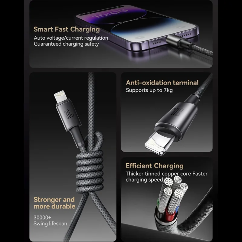 JOYROOM S-A50 1.2m Type-C to Lightning 30W Fast Charging Data Cable with Magnetic Cable Holder - Dark Grey