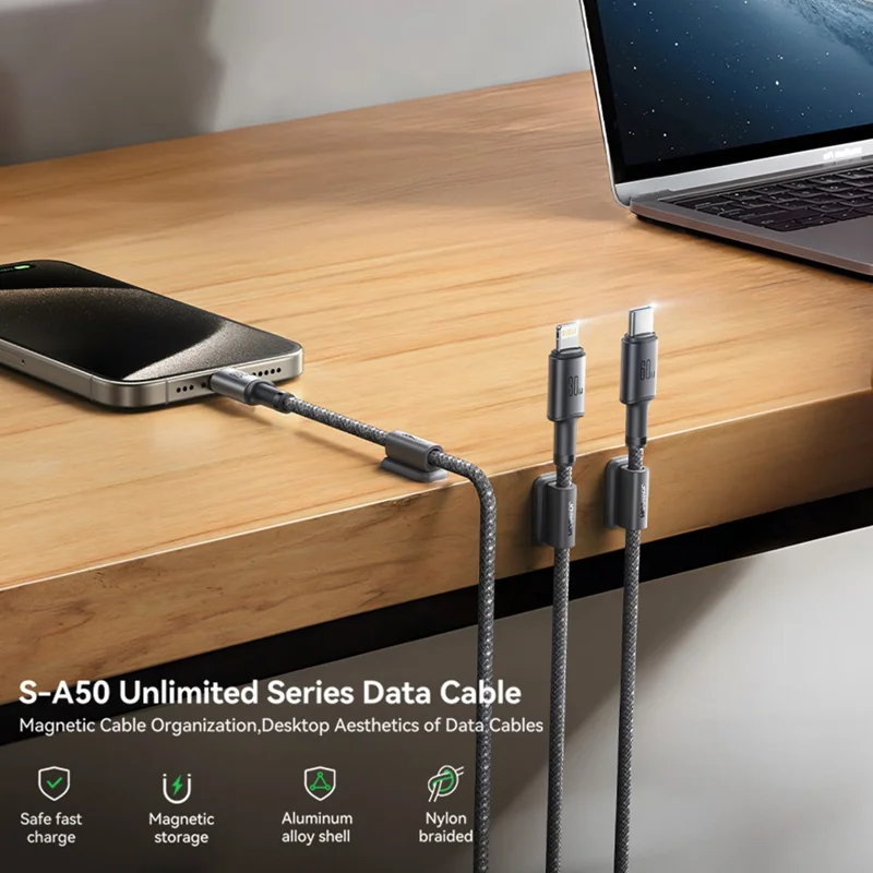 JOYROOM S-A50 1.2m USB-A to Lightning 3A Fast Charging Data Cable with Magnetic Cable Holder - Dark Grey