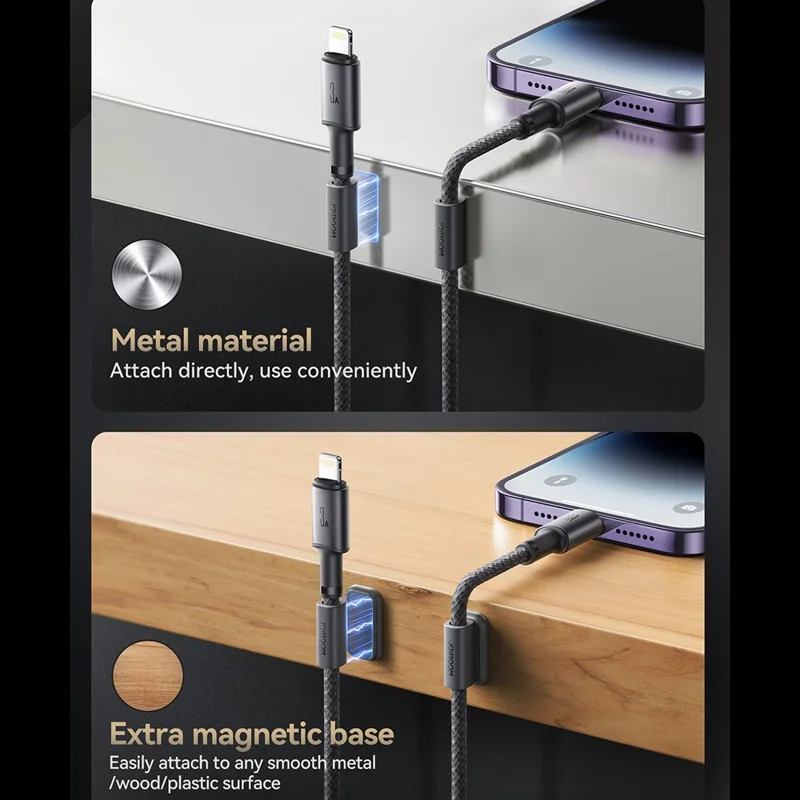 JOYROOM S-A50 1.2m USB-A to Lightning 3A Fast Charging Data Cable with Magnetic Cable Holder - Dark Grey