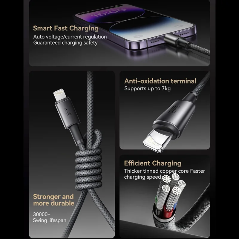 JOYROOM S-A50 1.2m USB-A to Lightning 3A Fast Charging Data Cable with Magnetic Cable Holder - Dark Grey