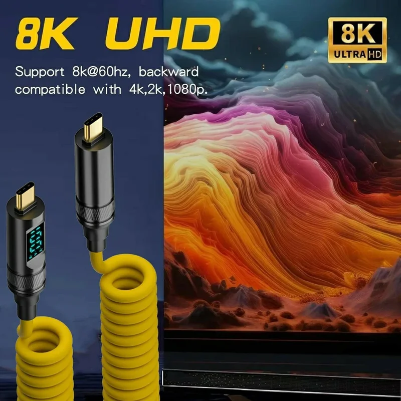 1,8 м 20 Гбит / с USB 3.2 Type-C Spring Cable Data 8K / 60 гц пд 100 вт Быстро Зарядка