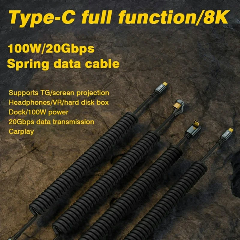 1.8m Type-C Male to Male 20Gbps PD 100W Fast Charging Spring Cable Support 8K / 60Hz Video Output