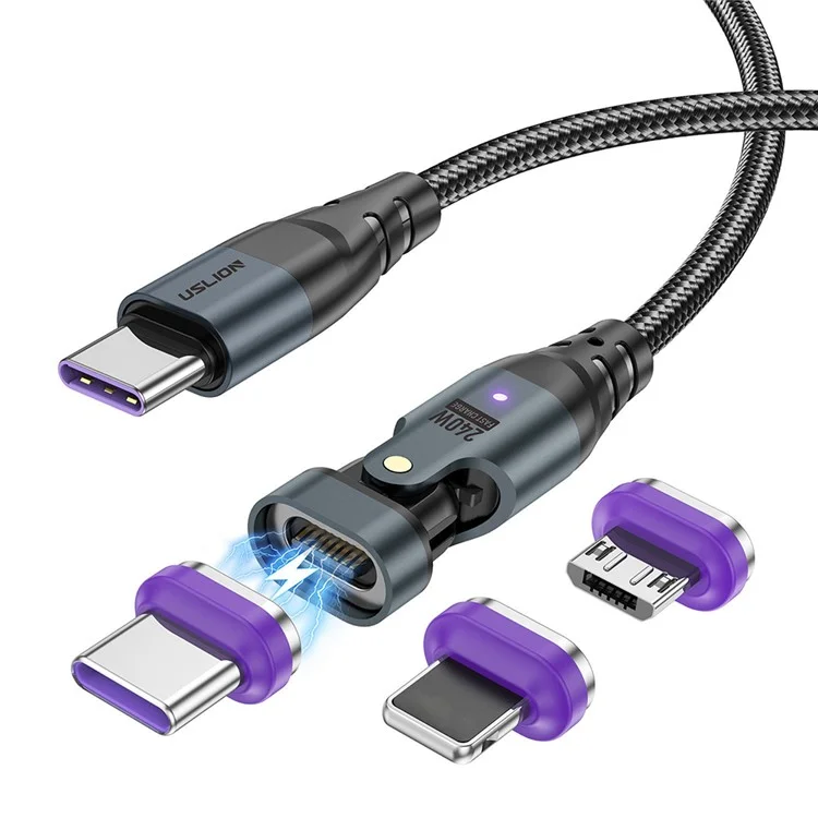 USLION US0203 1m Câble de charge magnétique pivotant Type-C vers iP / Type-C / Micro avec connexion 240W et transfert de données