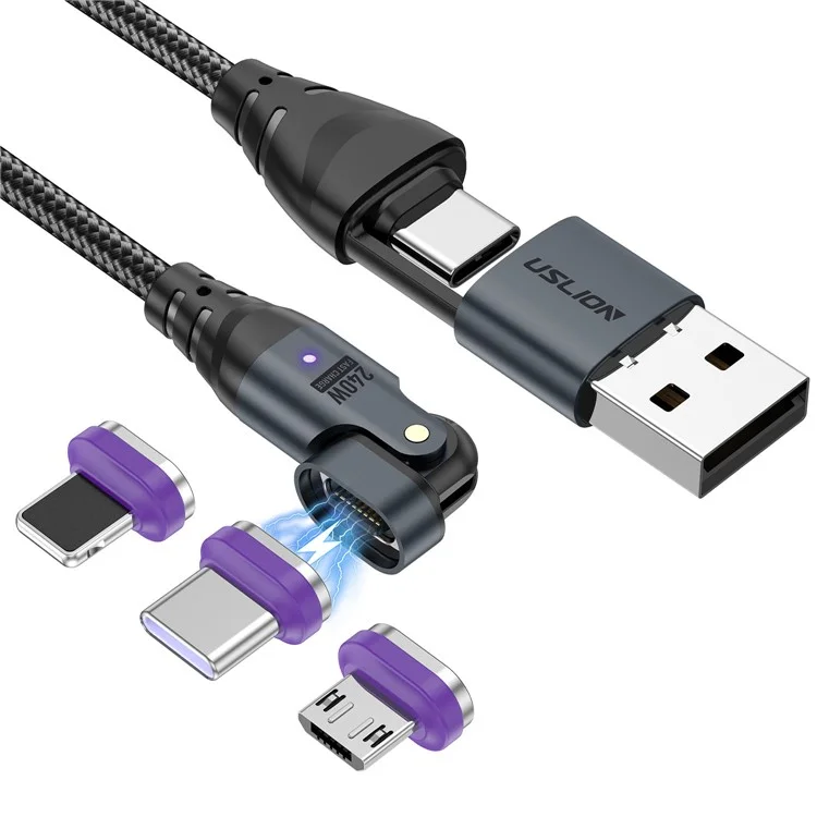 USLION US0204 Câble de charge magnétique rotatif 240W USB / Type-C vers Type-C / Micro / iP de 1,8 m