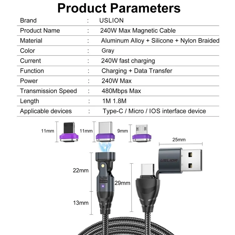 USLION US0204 Câble de charge magnétique rotatif 240W USB / Type-C vers Type-C / Micro / iP de 1,8 m