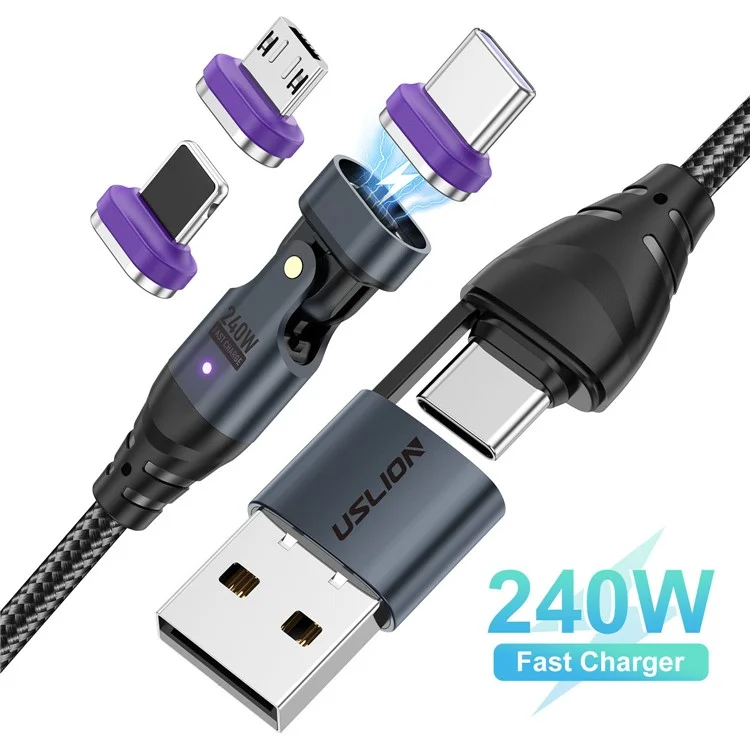 USLION US0204 Câble de charge magnétique rotatif 240W USB / Type-C vers Type-C / Micro / iP de 1,8 m